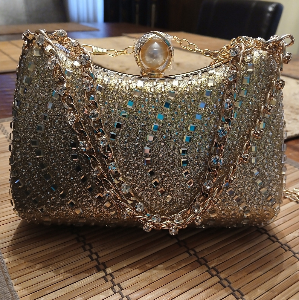 Gold Rhinestone Evening Bag With Pearl Closure